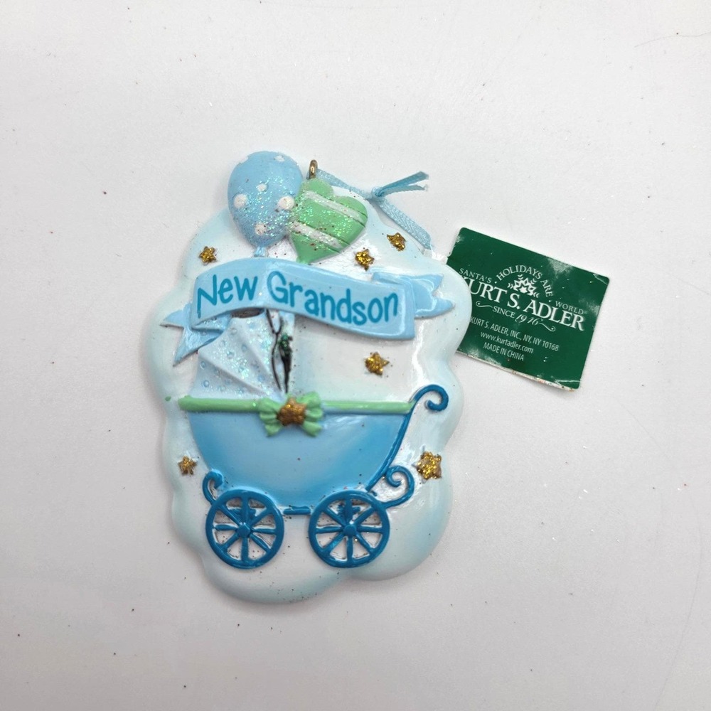 Kurt Adler New Grandson Ornament Blue Baby Carriage Glitter Resin